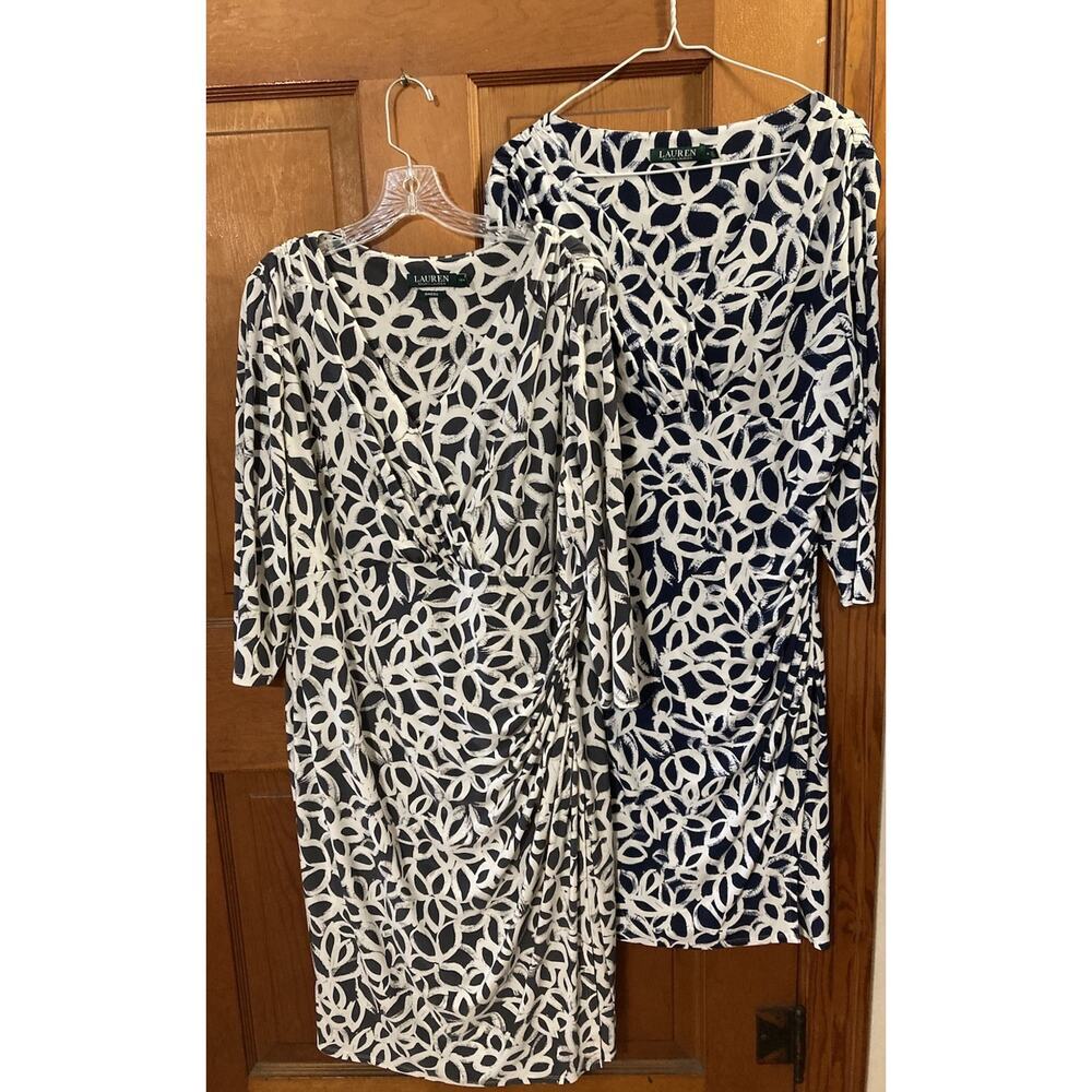 Lauren Ralph Lauren Faux Wrap Dress Set Of 2 Sz 16 Gray Blue Stretch knee length